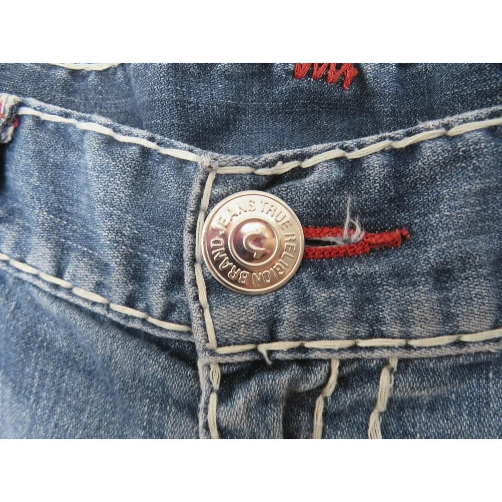 Vtg True Religion Red Super T Jeans Mens 38x34 Thick Stitch Flap Pockets Blue
